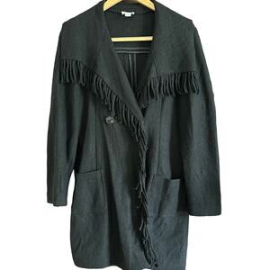 CHICO'S | Wool Blend Asymmetric Fringe Trim Car length Blanket Coat | Medium